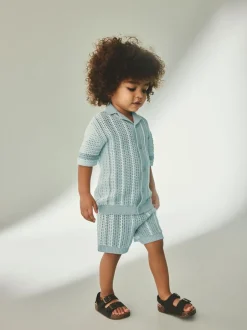 Shorts*Next Blauw - Gehaakte gebreide set van overhemd met korte mouwen en shorts (3mnd -10jr)