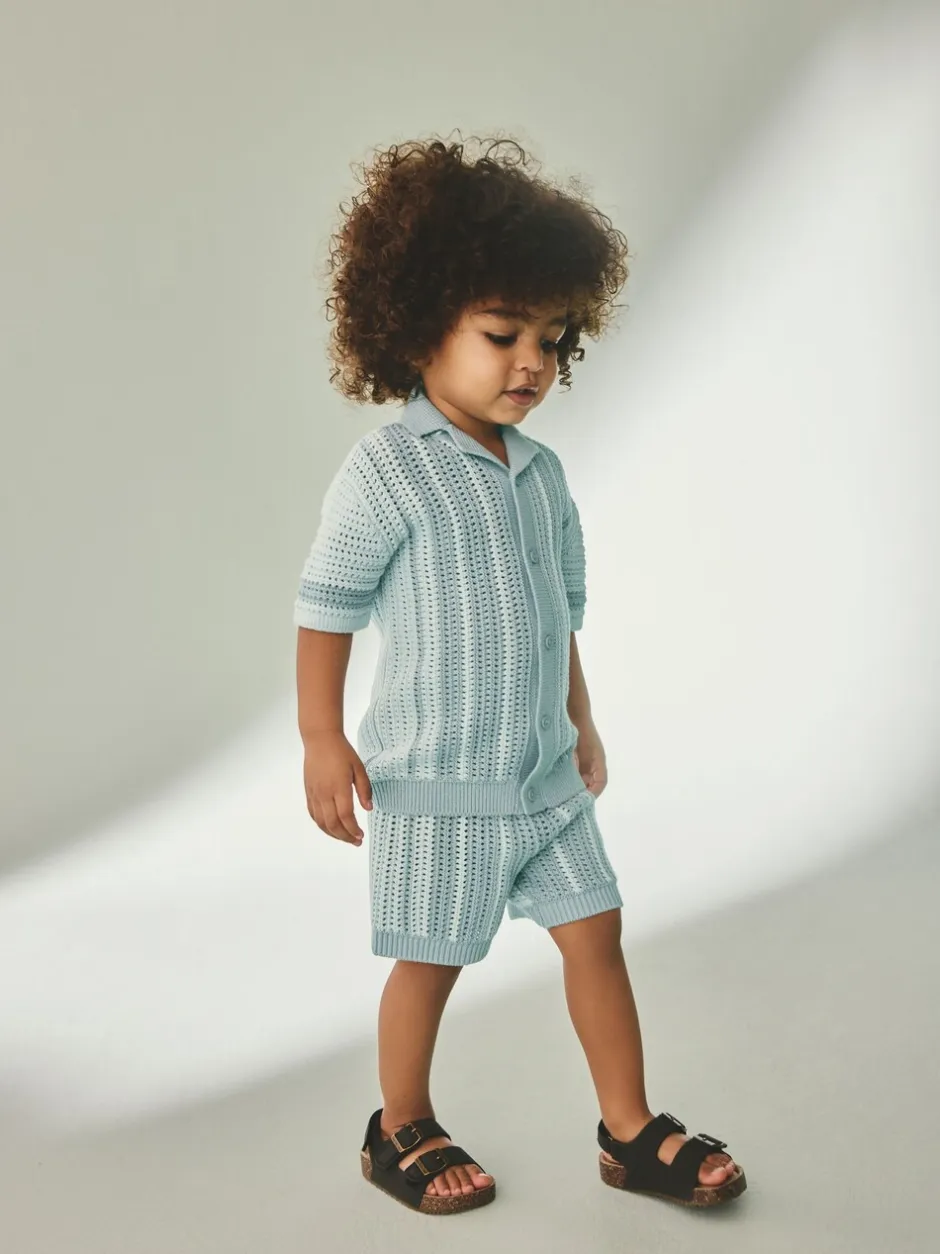Shorts*Next Blauw - Gehaakte gebreide set van overhemd met korte mouwen en shorts (3mnd -10jr)