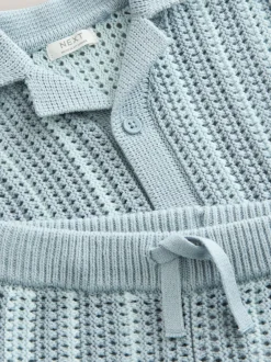 Shorts*Next Blauw - Gehaakte gebreide set van overhemd met korte mouwen en shorts (3mnd -10jr)