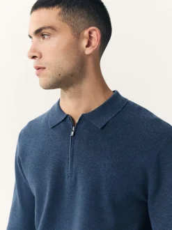 Gebreide Kleding|Poloshirts*Next Blauw - Half met rits - Regular Fit Premium Mid Weight Long Sleeve Knit Polo Shirt