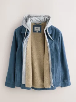 Jassen En Jacks|Next - Hooded Corduroy Borg Lined Shacket Blauw