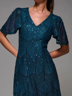 Jurken*Jolie Moi - Sequin Angel Sleeve Fit & Flare Midaxi Dress Blauw