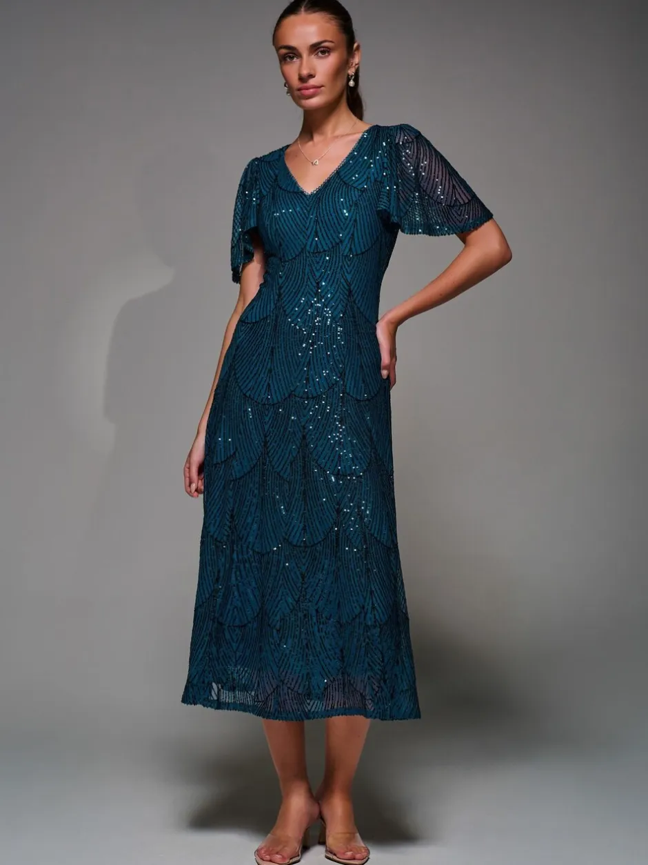 Jurken*Jolie Moi - Sequin Angel Sleeve Fit & Flare Midaxi Dress Blauw