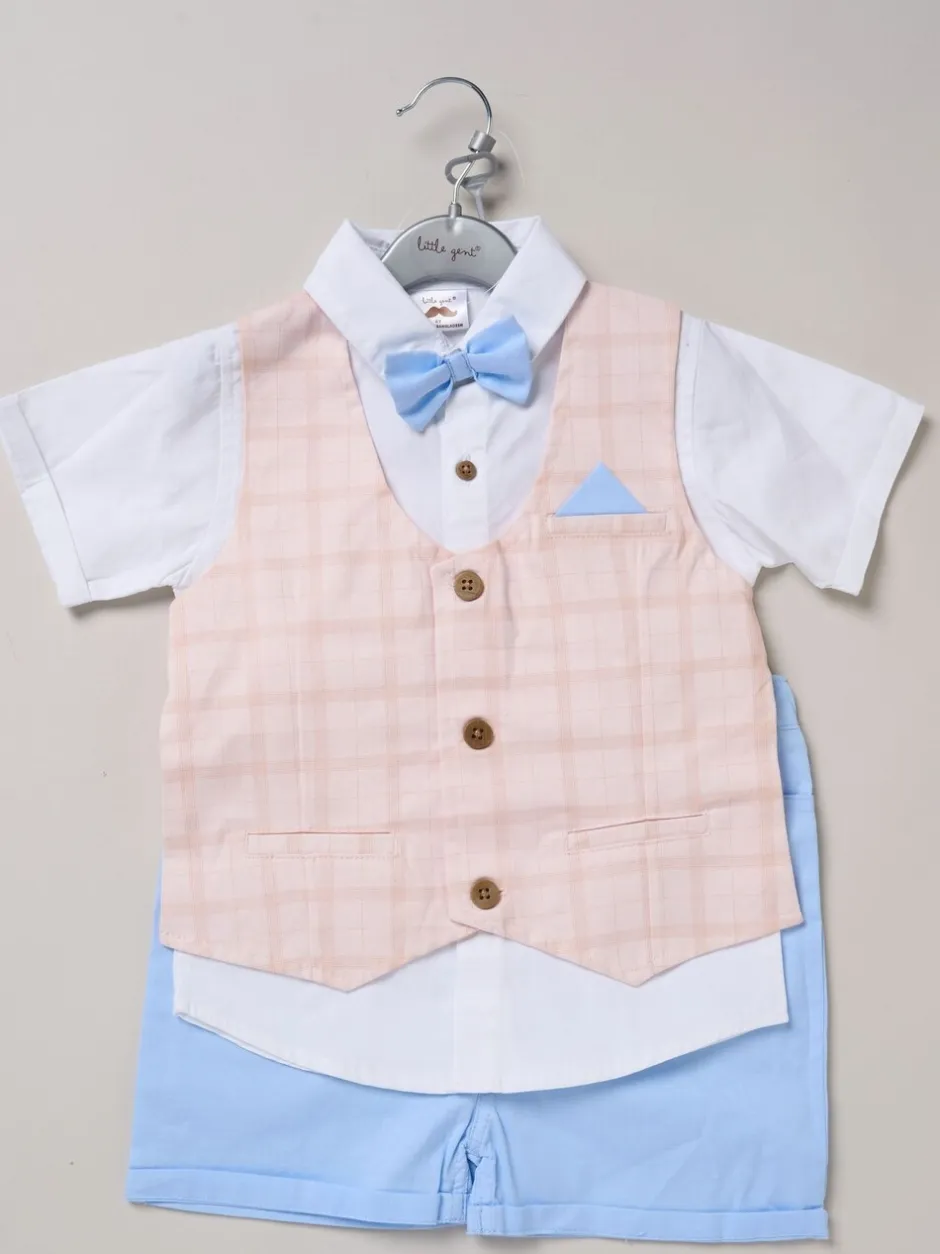 Kostuums En Herenvesten*Little Gent - 100% Cotton Shirt with Mock Waistcoat Shorts and Bowtie Outfit Set Blauw
