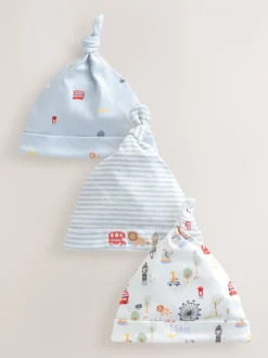 Mutsjes En Antikrabwantjes|Mutsen, Handschoenen En Sjaals|Next Blauw - London set van 3 Baby Hoeden met Stropdas bovenkant (0-18mnd)