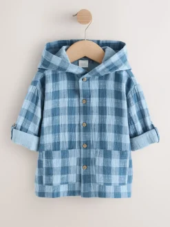 Shirts*Next Blauw - Long Sleeve Check Hooded Shirt (3mths-7yrs)
