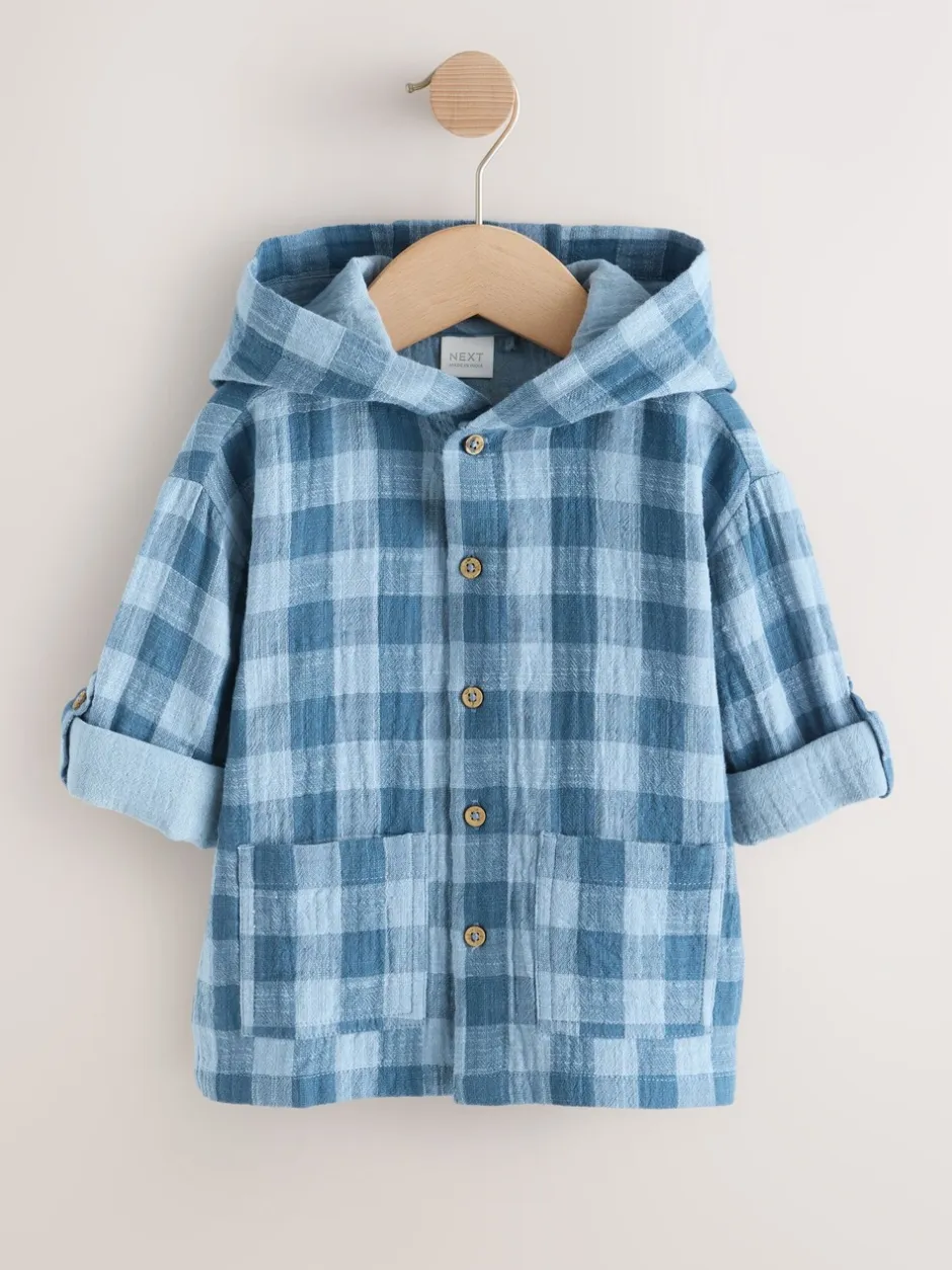 Shirts*Next Blauw - Long Sleeve Check Hooded Shirt (3mths-7yrs)