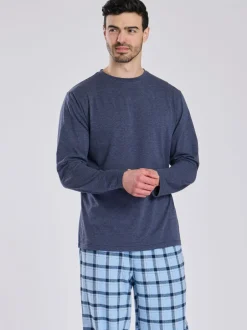 Pyjama's*Loungeable - Pyjama's Set van jersey top en geborstelde Ruit Broeken Blauw