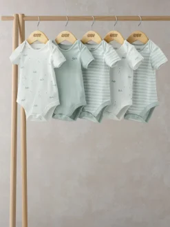Rompertjes En Hemdjes| Blauw - Mamas & Papas blauwe 100% katoenen rompertjes met korte mouwen en walvisprint, 5 verpakking