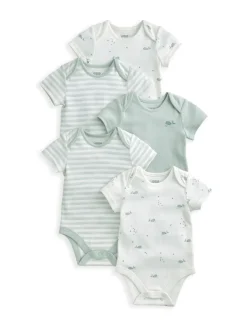 Rompertjes En Hemdjes| Blauw - Mamas & Papas blauwe 100% katoenen rompertjes met korte mouwen en walvisprint, 5 verpakking