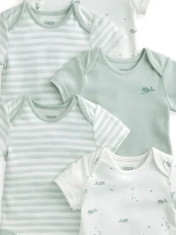 Rompertjes En Hemdjes| Blauw - Mamas & Papas blauwe 100% katoenen rompertjes met korte mouwen en walvisprint, 5 verpakking
