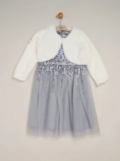 Gelegenheidskleding|Miss - Waterfall Sequin Dress and Faux Fur Bolero Set Blauw