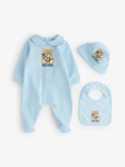 Slabbetjes|Moschino - Baby Logo Sleepsuit, Hat & Bib Giftset With Giftbox Blauw
