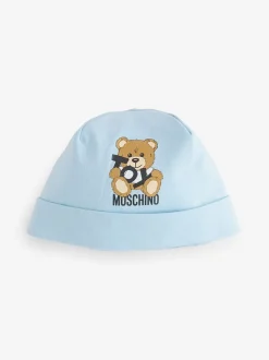 Slabbetjes|Moschino - Baby Logo Sleepsuit, Hat & Bib Giftset With Giftbox Blauw