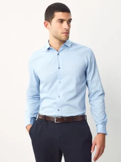 Shirts|Next - Normale Pasvorm - Eenvoudig te strijken slim fit overhemd met textuur en dubbele manchetten Blauw