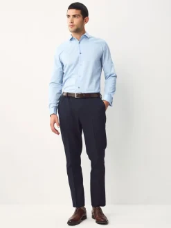 Shirts|Next - Normale Pasvorm - Eenvoudig te strijken slim fit overhemd met textuur en dubbele manchetten Blauw