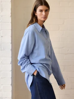 Blouses En Overhemden*Next - Ruimvallend 100% katoenen button-down casual overhemd met lange mouwen Blauw