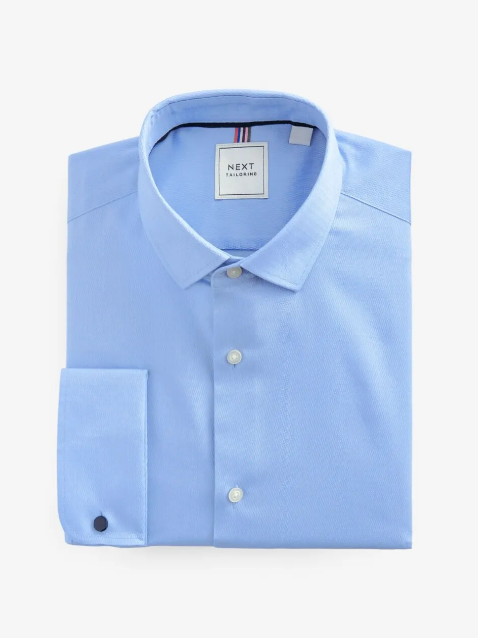 Formele Overhemden|Shirts|Next - Slim Fit - Eenvoudig te strijken slim fit overhemd met textuur en dubbele manchetten Blauw