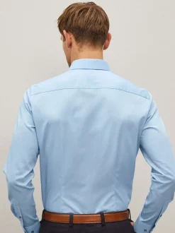 Formele Overhemden|Shirts*Next Blauw - Slim Fit - Onderhoudsvriendelijk, getextureerd, slim fit overhemd met enkele manchet