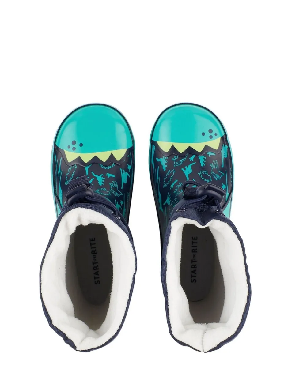 Laarzen*Start Rite - - Little Puddle - Regenlaarzen met dinosaurus en gestrikte bovenkant Blauw