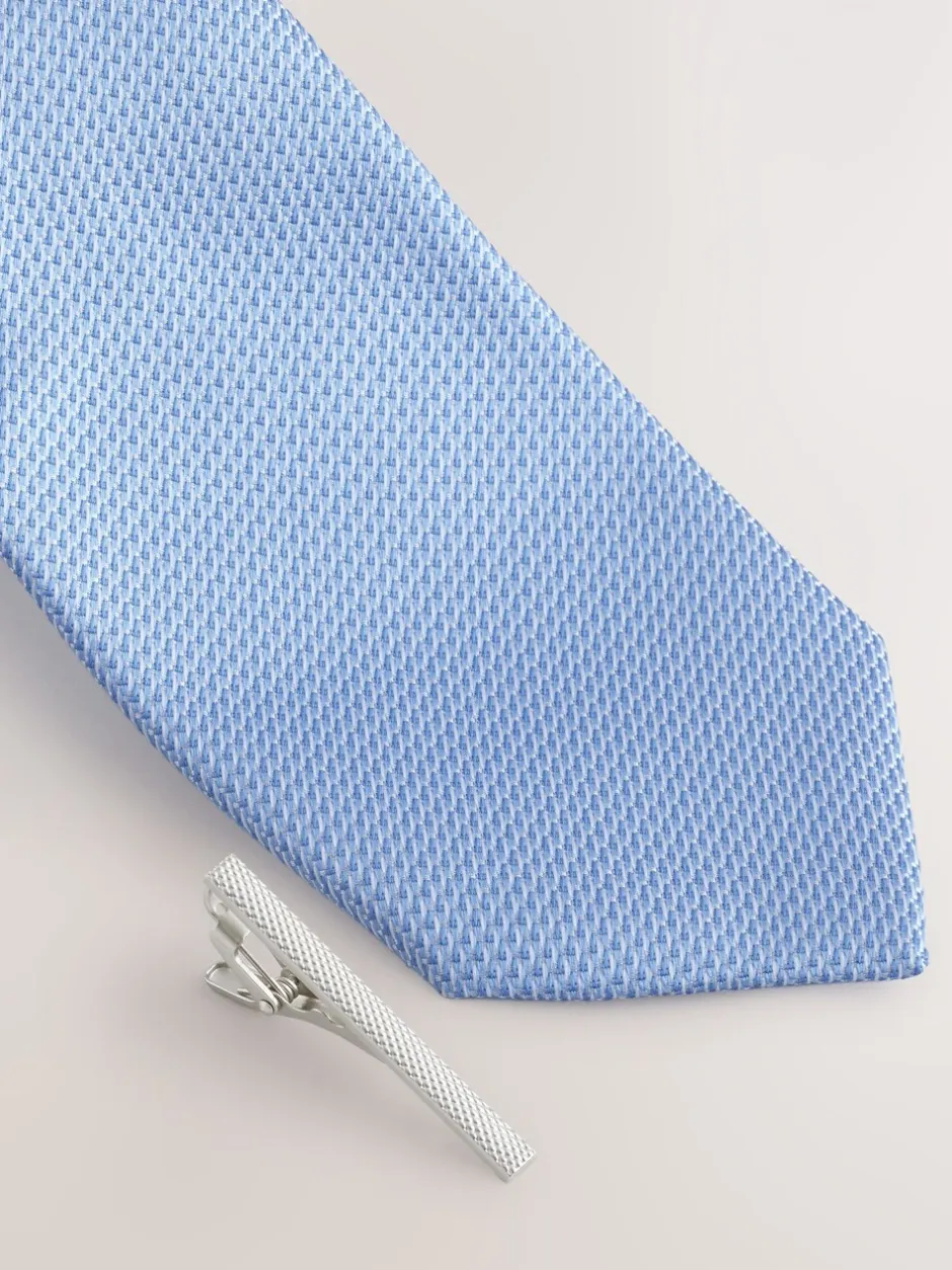 Stropdassen En Pochets|Next Blauw - Stropdas met textuur en dasspeld