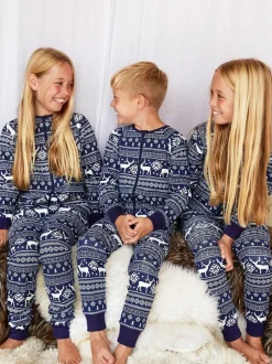 Nachtkleding En Pyjama's|Pyjama's|The Little Tailor - Kids Rendier kerstmis fair isle-patroon 100% katoen alles-in-één Blauw