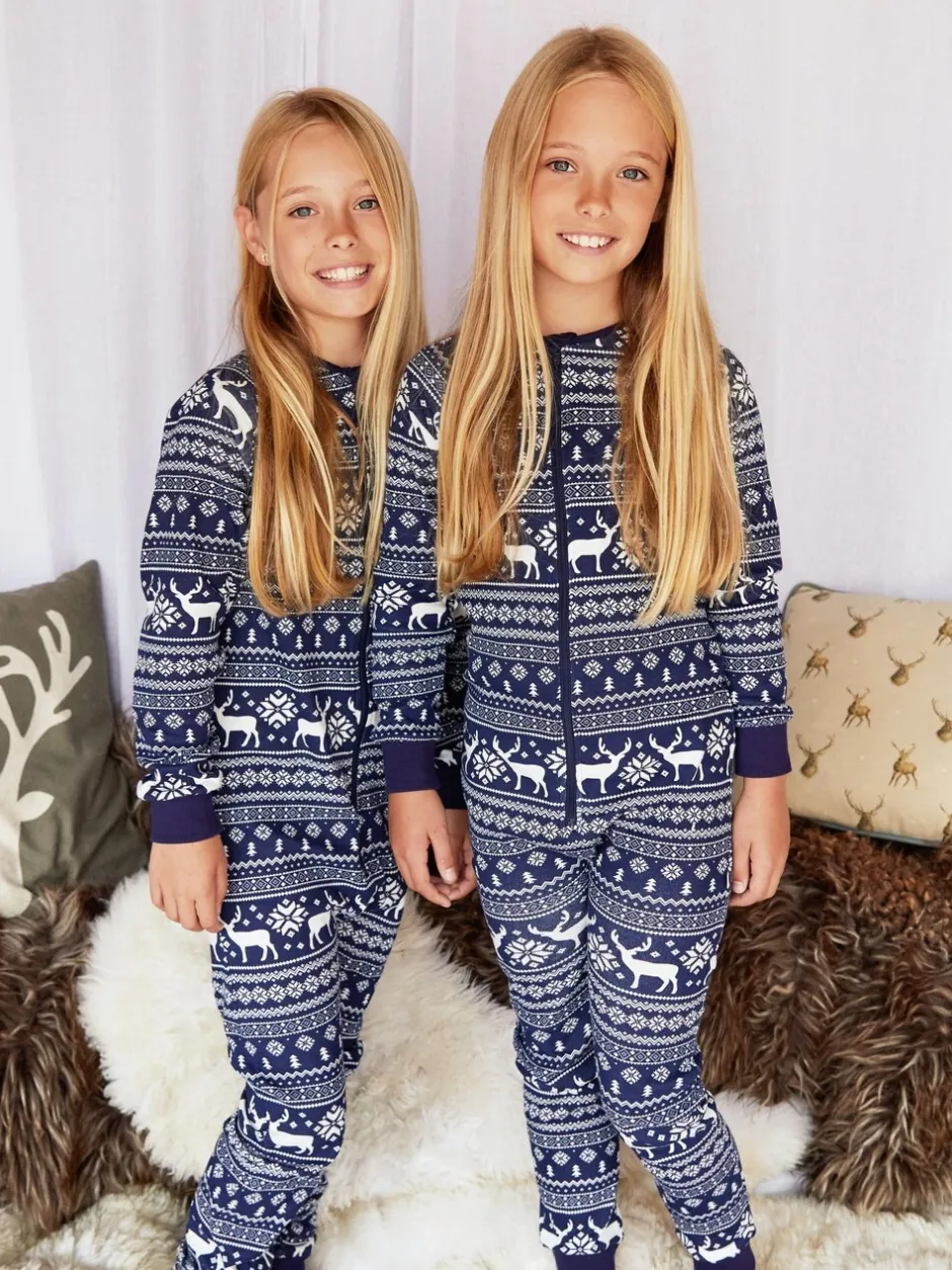 Nachtkleding En Pyjama's|Pyjama's|The Little Tailor - Kids Rendier kerstmis fair isle-patroon 100% katoen alles-in-één Blauw