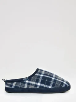 Pantoffels|Threadbare - Check Faux Fur Lined Mule Slippers Blauw