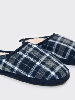 Pantoffels|Threadbare - Check Faux Fur Lined Mule Slippers Blauw