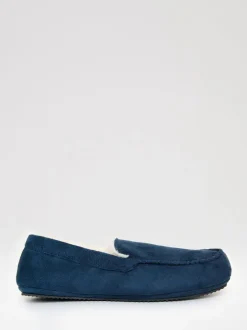 Pantoffels|Threadbare - Faux Suede Faux Fur Lined Moccasin Slippers Blauw