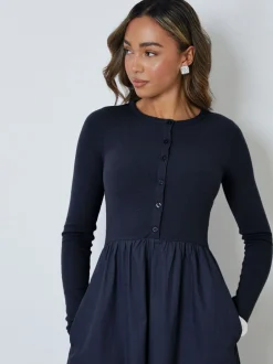 Jurken*Threadbare - 2-in-1 Jersey Poplin Mix Button Down Dress Blauw