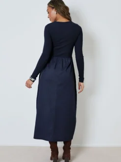Jurken*Threadbare - 2-in-1 Jersey Poplin Mix Button Down Dress Blauw