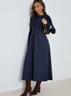 Jurken*Threadbare - 2-in-1 Jersey Poplin Mix Button Down Dress Blauw