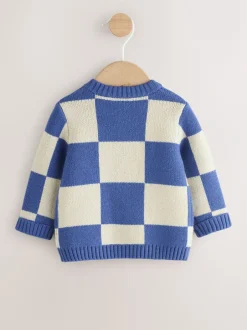 Truien En Breisels|Truien En Breisels*Next - Gebreid babyvest (0 mnd- 2 jr) Blauw geborduurd dambord Karakter