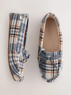 Pantoffels|Next - Moccasin Brushed Slippers Blauw geruit