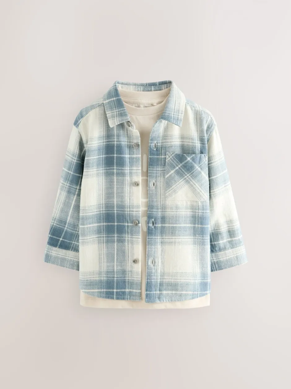 Shirts*Next - Set van T-shirt en shirt met lange mouwen (3mnd-7jr) Blauw geruit