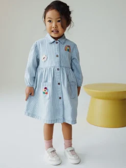 Jurken|Jurken|Next - Long Sleeve Cotton Dress (3mths-8yrs) Blauw gestreept