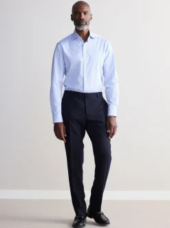 Formele Overhemden|Next - Slim Fit Signature Single Cuff Texture Pima Cotton Shirt With Cutaway Collar Blauw gestreept