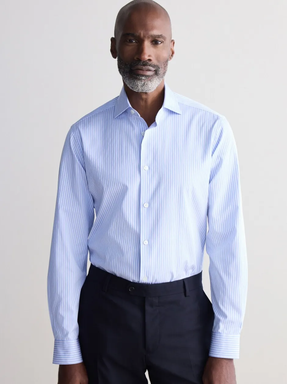 Formele Overhemden|Next - Slim Fit Signature Single Cuff Texture Pima Cotton Shirt With Cutaway Collar Blauw gestreept