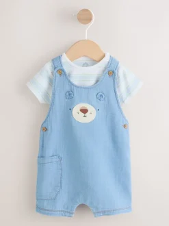 Rompertjes En Tuinbroeken|Next Blauw met beren - Woven Dungarees and Bodysuit Baby Set (0mths-2yrs)