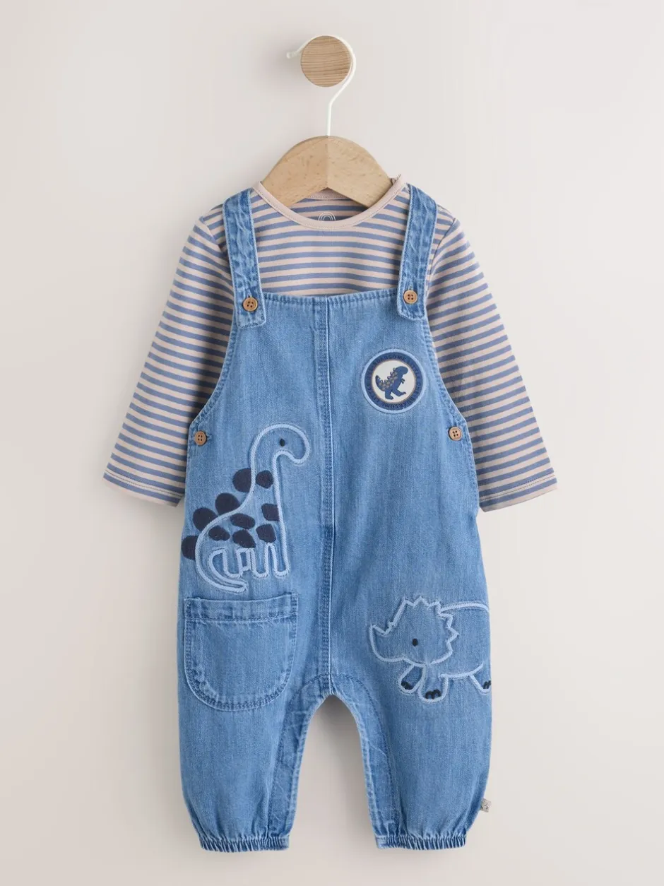 Sets En Combisets|Rompertjes En Tuinbroeken*Next - Babyset van denim bretelbroeken en bodysuit (0 mnd - 2 jr) Blauw met dinosaurus