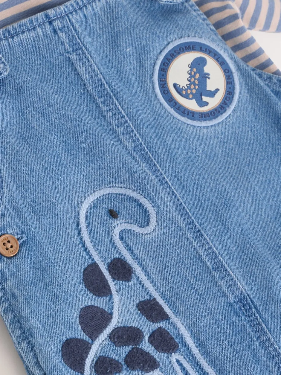 Sets En Combisets|Rompertjes En Tuinbroeken*Next - Babyset van denim bretelbroeken en bodysuit (0 mnd - 2 jr) Blauw met dinosaurus