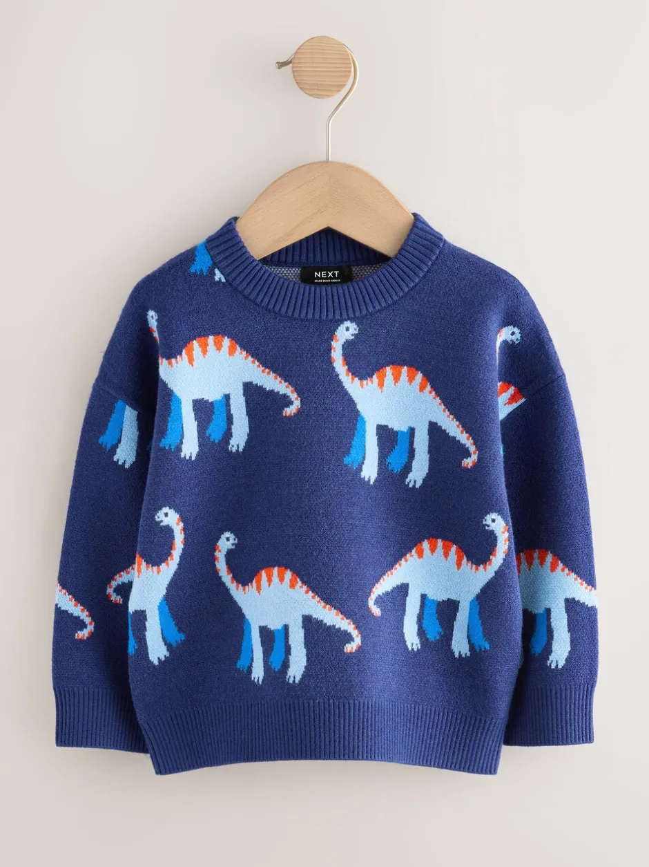 Truien En Breisels|Next Blauw met dinosaurus - Gebreide trui met ronde hals (3 mnd - 7 jr)
