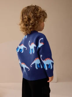 Truien En Breisels|Next Blauw met dinosaurus - Gebreide trui met ronde hals (3 mnd - 7 jr)