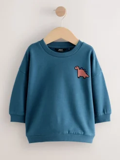 Truien En Breisels|Sweaters En Hoody´S*Next Blauw met dinosaurus - Jersey sweatshirt met ronde hals en print op de rug (3mnd -7jr)