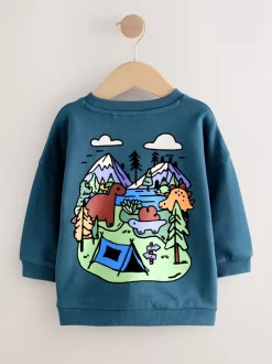 Truien En Breisels|Sweaters En Hoody´S*Next Blauw met dinosaurus - Jersey sweatshirt met ronde hals en print op de rug (3mnd -7jr)