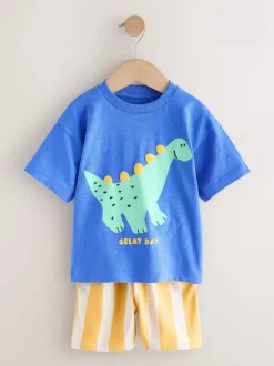 Shorts|Next - Set van T-shirt met korte mouwen en short (3 mnd-7 jr) Blauw met dinosaurus