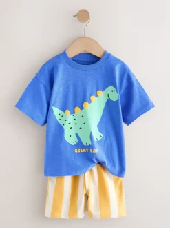 Shorts|Next - Set van T-shirt met korte mouwen en short (3 mnd-7 jr) Blauw met dinosaurus