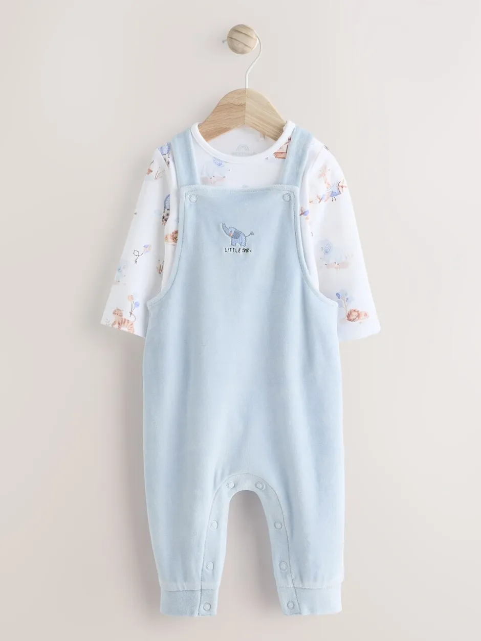 Rompertjes En Tuinbroeken|Next - Baby Velours bretelbroeken en Bodysuit Set (0mths-3yrs) Blauw met olifantenprint
