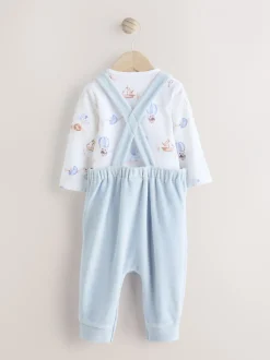 Rompertjes En Tuinbroeken|Next - Baby Velours bretelbroeken en Bodysuit Set (0mths-3yrs) Blauw met olifantenprint